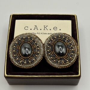 Beaded Clip Earrings with Black and Gold Accents